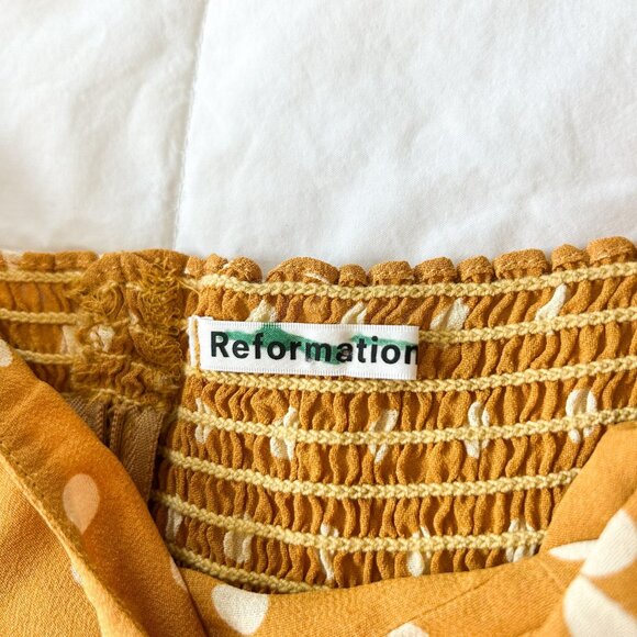 NWOT Reformation Grove Top Mustard Polka Dot Puff Sleeve Blouse Size 6 - Picture 3 of 7